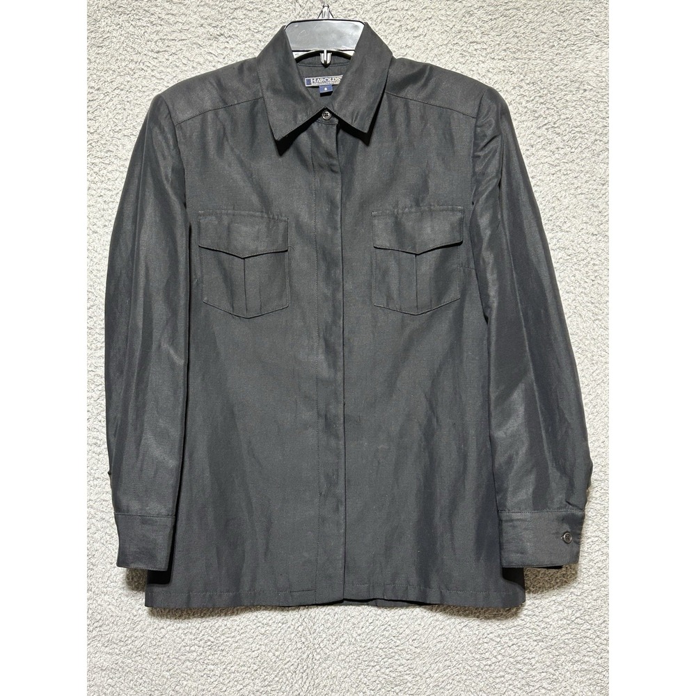 Vintage Harolds Linen Shirt Jacket Womens 6 Black Safari Utility Field USA Made